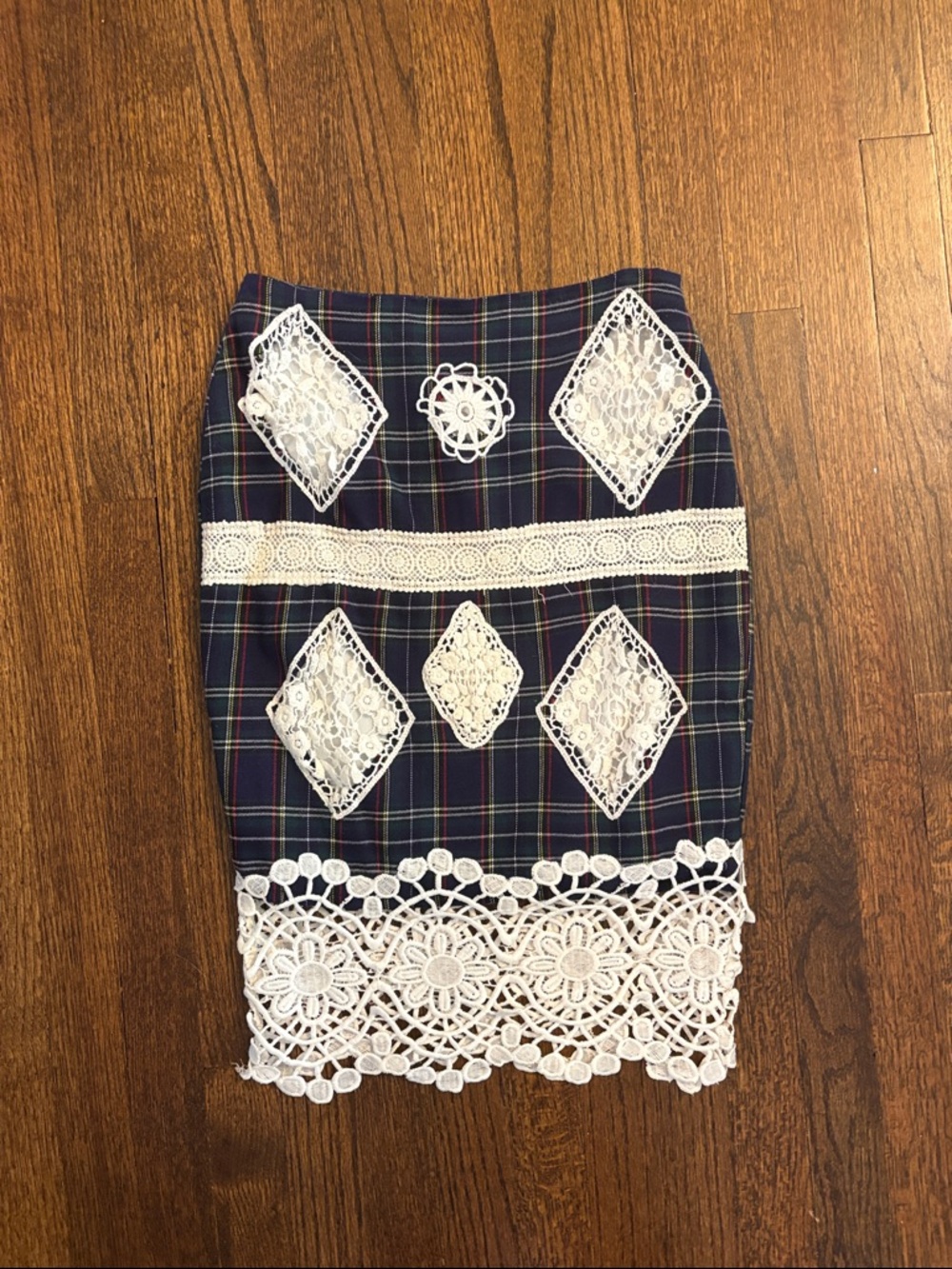 Endless Rose Navy Plaid Pencil Skirt with White Lace Appliqué